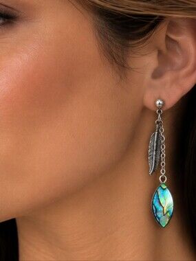 💎 Abalone Shell Look Leaf Feather Silver Tone Boho Dangle Earrings
